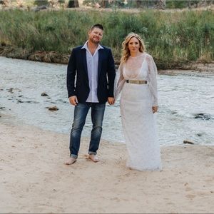 White Dress with tulle overlay/silver stars. Metal silver belt & star tiara